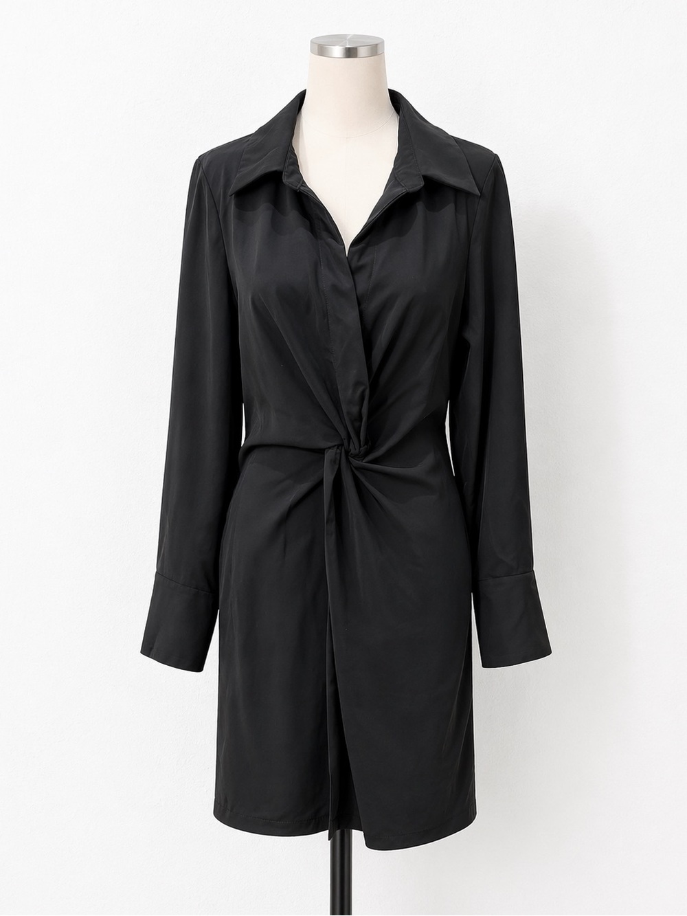 Gracia Twist Front Shirt Dress Collared Long Sleeve Pockets Black L NWT